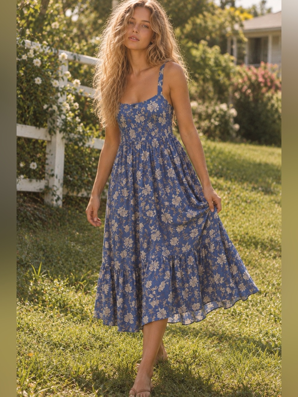 NWOT CJLA Medium Blue Cream Floral Midi Dress with Square Neck Tank Adjustable